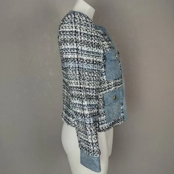 Alice + Olivia Avis Blue Tweed Denim Jean Combo Patch jacket Size Medium - Picture 4 of 16
